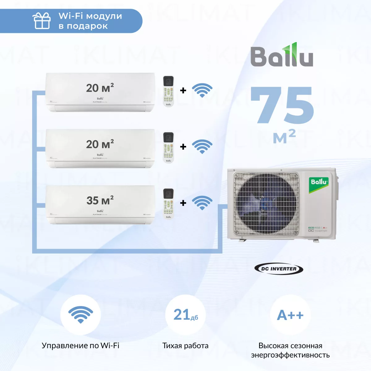 Ballu BA3OI-FM/out-27HN8/EU + 2*BSUI-FM/in-07HN8/EU + BSUI-FM/in-12HN8/EU + WiFi модули Фото №0